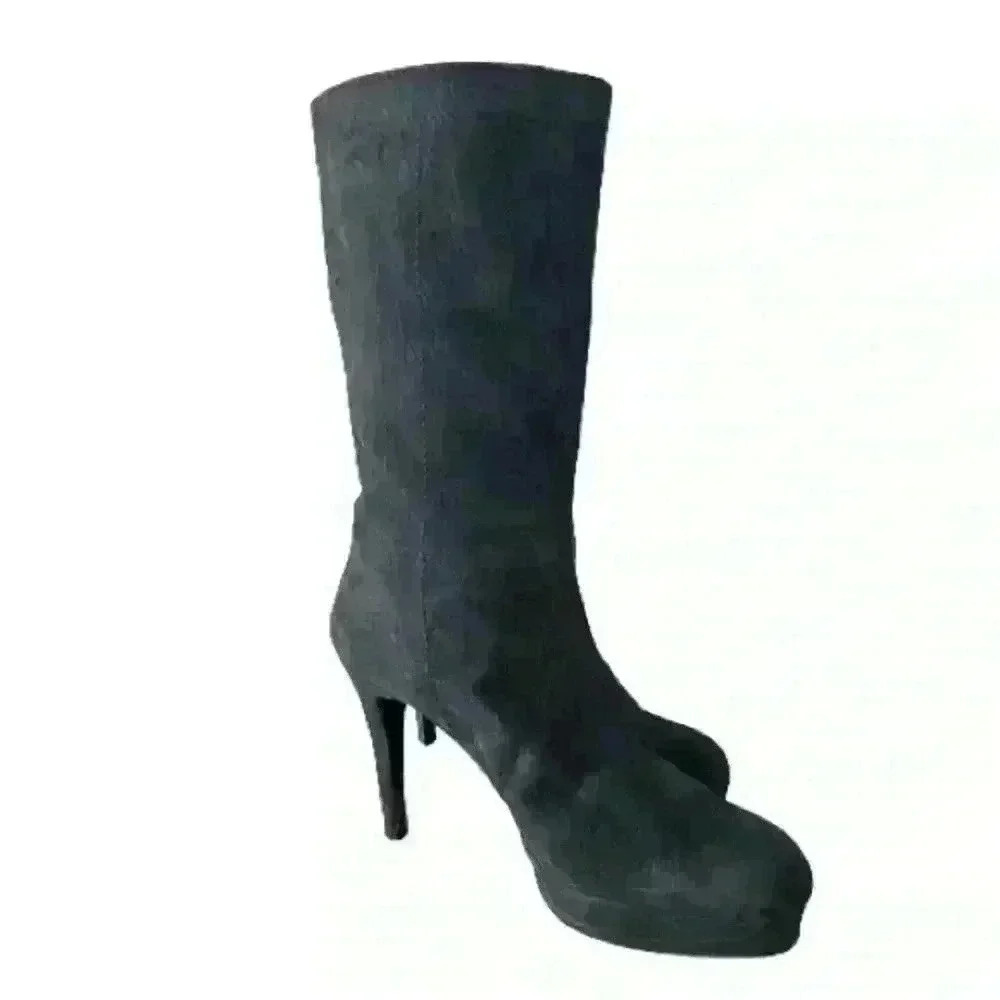 VERO CUIOIO BLACK LEATHER FUR HEELS OVAL TOE PLATFORM BOOTS SIZE 38 - Picture 16 of 16